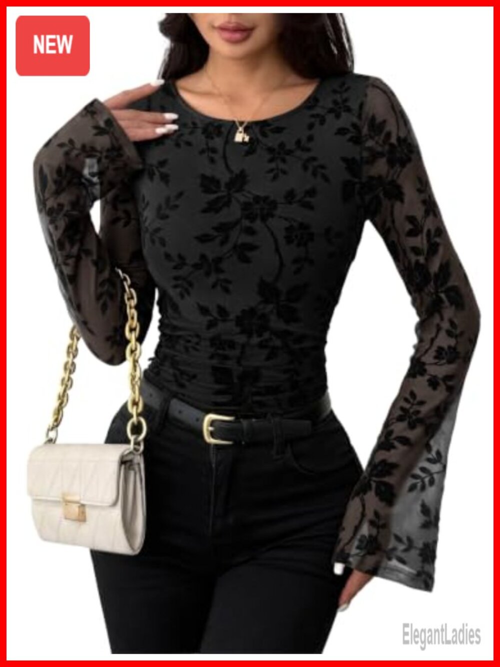 Womens Floral Lace Bell Sleeve Blouse Crew Neck Ruched Top